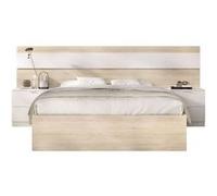 Ensemble structure de lit + tete de lit et 2 tables de nuit - NIZA - 140 x 190 cm - Chene naturel / Blanc Blanc G