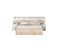 Ensemble structure de lit + tete de lit et 2 tables de nuit - NIZA - 160 x 200 cm - Chene naturel / Blanc