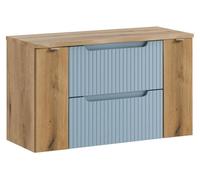 Ensemble suspendu VANO bleu denim et chêne clair 100cm : meubles sous vasque à tiroirs et placards + plan pour vasque
