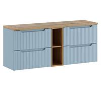 Ensemble suspendu VANO bleu denim et chêne clair 140cm : meubles sous vasque à tiroirs avec niches visibles + plan pour vasque