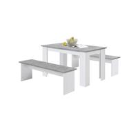 Ensemble table + 2 bancs Mundo, blanc et effet béton. Réalisé en panneaux de particules.
