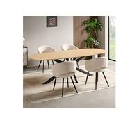 Ensemble table 200 cm effet chêne + 4 chaises tissu bouclette écru