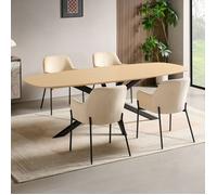 Ensemble table 200 cm effet chêne + 4 chaises velours côtelé beige