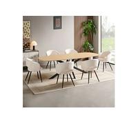 Ensemble table 200 cm effet chêne + 6 chaises tissu bouclette blanc