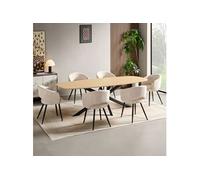 Ensemble table 200 cm effet chêne + 6 chaises tissu bouclette écru