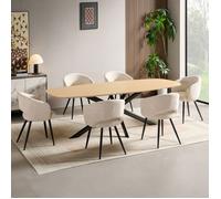 Ensemble table 200 cm effet chêne + 6 chaises tissu bouclette écru