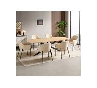 Ensemble table 200 cm effet chêne + 6 chaises velours côtelé beige