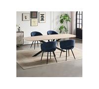 Ensemble table 200 cm effet travertin + 4 chaises tissu bouclette bleu