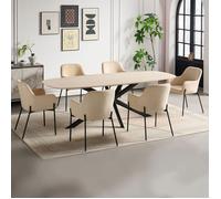 Ensemble table 200 cm effet travertin + 6 chaises velours côtelé beige