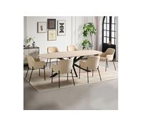 Ensemble table 200 cm effet travertin + 6 chaises velours côtelé beige