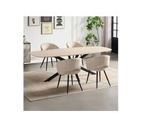 Ensemble table 200cm effet travertin + 4 chaises tissu bouclette écru