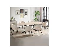 Ensemble table 200cm effet travertin + 6 chaises tissu bouclette blanc