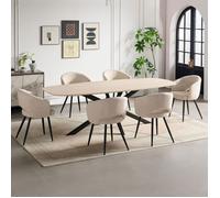 Ensemble table 200cm effet travertin + 6 chaises tissu bouclette écru