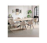 Ensemble table 200cm effet travertin + 6 chaises tissu bouclette écru