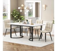 Ensemble table à manger 140x80 cm et 4 chaises en velours, blanc et beige