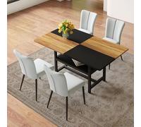 Ensemble Table à Manger 160cm, 4 Chaises Blanches PU, Rangement Intégré | Table MDF 160cm, rangement intégré, chaises PU, assise 6cm, structure métal, montage 15 min.