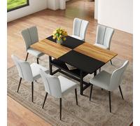 Ensemble Table à Manger 160cm, 6 Chaises Blanches PU, Rangement Intégré | Table MDF 160cm, rangement intégré, chaises PU, assise 6cm, structure métal, montage 15 min.