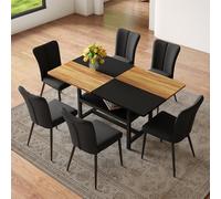 Ensemble Table à Manger 160cm, 6 Chaises Noires PU, Rangement Intégré | Table MDF 160cm, rangement intégré, chaises PU, assise 6cm, structure métal, montage 15 min.