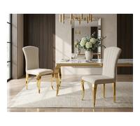 Ensemble Table à manger 180cm Plateau Marbré + 6 Chaises Velours Beige Pieds Gold