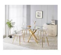 Ensemble table à manger 5 pièces avec 1 table et 4 chaises dossier ergonomique en ABS transparent et pieds métal doré