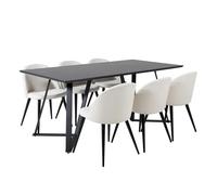 Ensemble Table à Manger & 6 Chaises Marina & Corduroy 180cm Noir & Crème