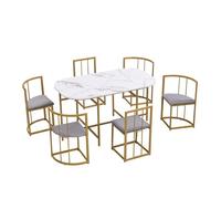 Ensemble Table à Manger 6 Chaises Moderne - Chaises Dossier et Intérieur Gris - Cadre Fer Doré