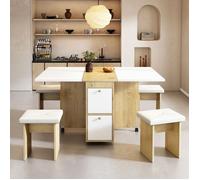 Ensemble table à manger avec 4 chaises - table pliante avec 2 tiroirs 140x80x75cm - en panneaux de particules - Blanc & Doré