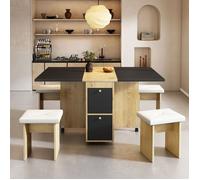 Ensemble table à manger avec 4 chaises - table pliante avec 2 tiroirs 140x80x75cm - en panneaux de particules - Noir & Doré