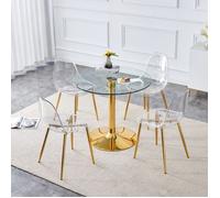 Ensemble table à manger avec chaises - Table ronde 85 cm - Verre trempé - 4 chaises transparentes - Or et Transparent