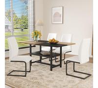 Ensemble Table à Manger et 4 Chaises en Similicuir, Blanc et Bois, 5 Pièces