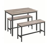 Ensemble Table à Manger et bancs, Table de 110 x 70 x 75 cm, 2 Bancs de 97 x 30 x 50 cm, Cadre en Acier, pour Cuisine, Salle à Manger, Salon, Marron Rustique et Noir/ Grège Chiné et Noir d'encre/ Doré