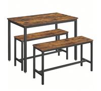 Ensemble Table à Manger et bancs, Table de 110 x 70 x 75 cm, 2 Bancs de 97 x 30 x 50 cm, Cadre en Acier, pour Cuisine, Salle à Manger, Salon, Marron Rustique et Noir/ Grège Chiné et Noir d'encre/ Doré