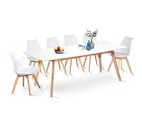 IDMarket – Ensemble table extensible Inga 160-200 cm + 6 chaises Sara blanches style scandinave