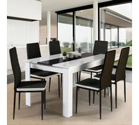 IDMarket - Ensemble table Georgia 140 cm blanc/noir + 6 chaises Romane noires liseré blanc