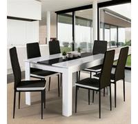 Ensemble table à manger GEORGIA 140 cm blanche et noire et 6 chaises ROMANE noires liseré blanc Noir G