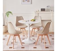 Ensemble Table à Manger Moderne et 4 Chaises, Table à Manger Ronde en MDF Blanc pour 2-4 Personnes + 4 Chaises de Cuisine Kaki, pour Cuisine Salle à Manger Salle de Réunion