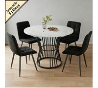 Ensemble Table à Manger - OEM - Table Ronde Marbre 100cm - 4 Chaises Velours - 5 Pièces