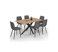 Ensemble table à manger rectangle ALIX 160 cm bois et noir et 6 chaises MILA en velours gris foncé