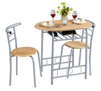 Ensemble Table à Manger Ronde-2 Chaises en Bois MDF et en Métal avec Porte-bouteilles Étagère de Rangement Couleur NaturelleYAHEETCH