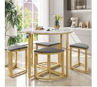 Ensemble Table à manger - Ronde 80cm - 4 Chaises en Velours Gris - MDF et Fer Plaqué Or - Design Contemporain