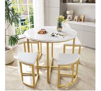 Ensemble Table à manger - Ronde 80cm - 4 Chaises Velours Blanc - MDF et Fer Plaqué Or - Design Contemporain