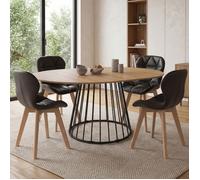 IDMarket - Ensemble Table à Manger Extensible Ronde Yuna Plateau Bois et Pied Filaire en métal 110-150 cm et 4 chaises ROBINE en PU Noires
