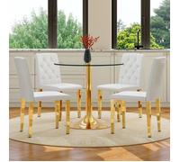 Ensemble Table à Manger Ronde Verre Trempé + 4 Chaises Blanches, Métal Doré, Design Moderne Salle à Manger,85x76cm