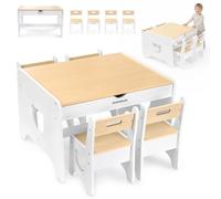 Table pour enfants Mamabrum avec 4 chaises Ours – Blanc/Naturel, grande table en bois avec 2 tiroirs, ensemble de meubles pour enfants en MDF, à partir de 3 ans