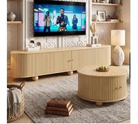 Ensemble Table Basse et Meuble TV - 180x35x45cm - Salon Design Relief - Gain de Place - Portes Coulissantes - MDF Couleur Naturelle