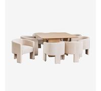 Ensemble table carrée 140x140 cm en MDF et placage de frêne Ginger et 8 chaises de salle à manger en velours Xastru NATUREL