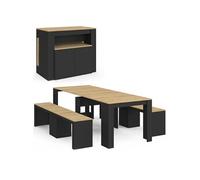 IDMarket - Table Console avec bancs Extensibles Orlando 235 cm Bois et Noir | Ensemble table console extensible + 2 bancs extensibles - 10 personnes - bois noir et façon hêtre