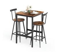 Ensemble Table de Bar 1 Table + 2 Tabourets, Table Haute Mange-Debout Cuisine Salle à Manger Salon 60x60x92 cm, Marron rustique