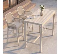 Ensemble table de bar + 2 tabourets de bar HWC-P91, chaise de bar, table haute, coussin d'assise d'extérieur en métal tressé crème