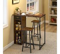 Ensemble Table de bar avec tabourets 3 pièces,Table Mange debout avec 2 chaises,2 étagère De Rangement et tiroir,Ensemble Table haute cuisine bois pour 2 Personnes ideal Petit Espace,Appartement(Brun)